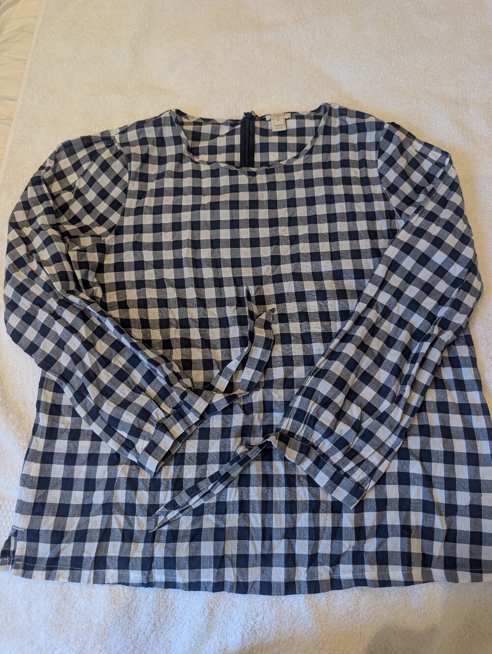 J. Crew Navy Gingham Tie Sleeve Blouse Medium 100% Cotton Top - Picture 2 of 11